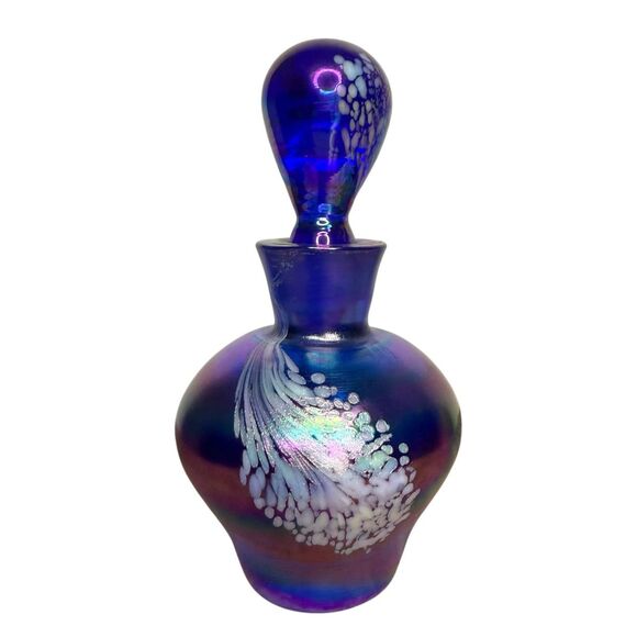 Vintage I.W. Rice & Co Cobalt Blue Carnival Glass Art Perfume Bottle W/ Stopper - Picture 1 of 4